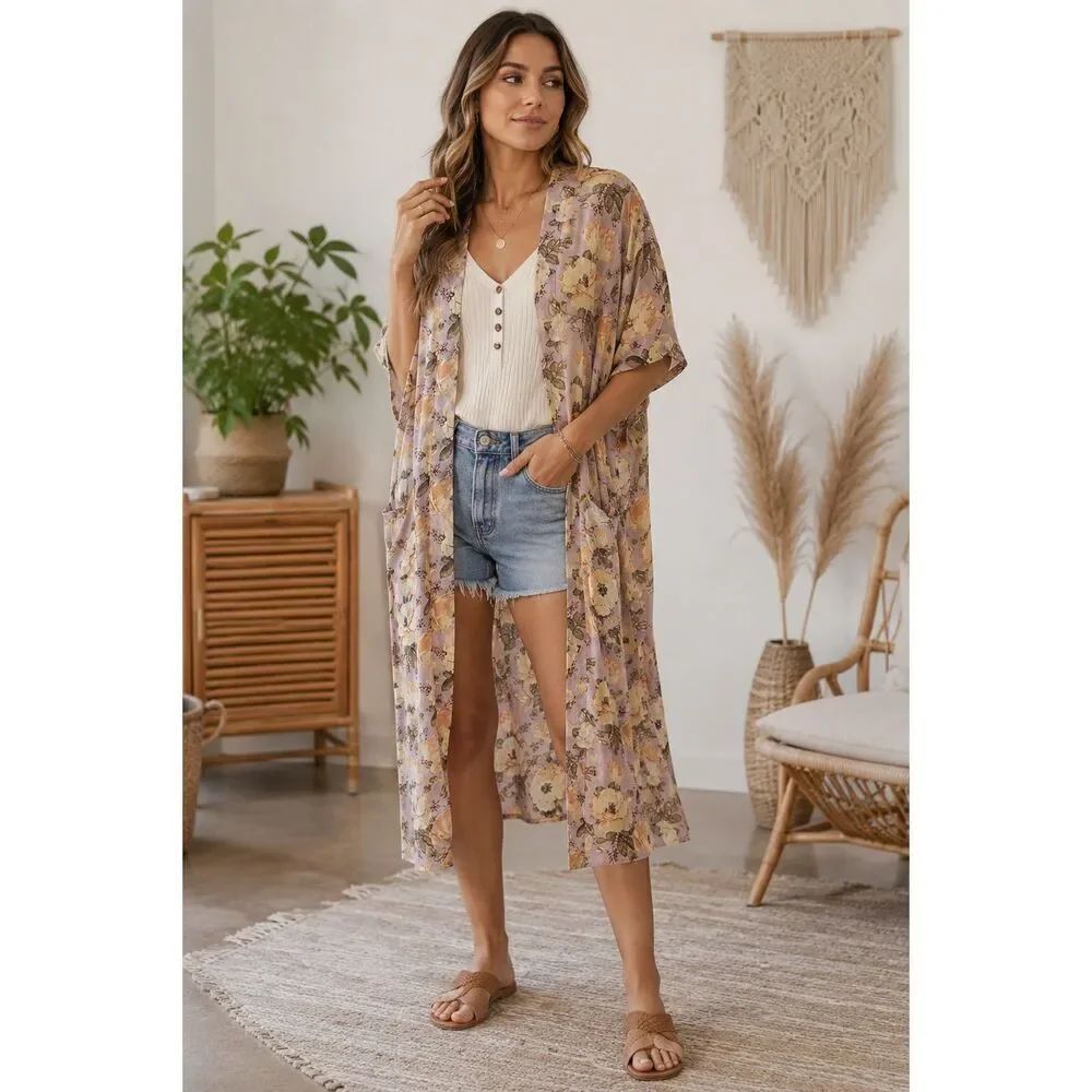 Steve Madden Floral Long Duster Kimono Lilac One Size Festival Coachella Boho Co